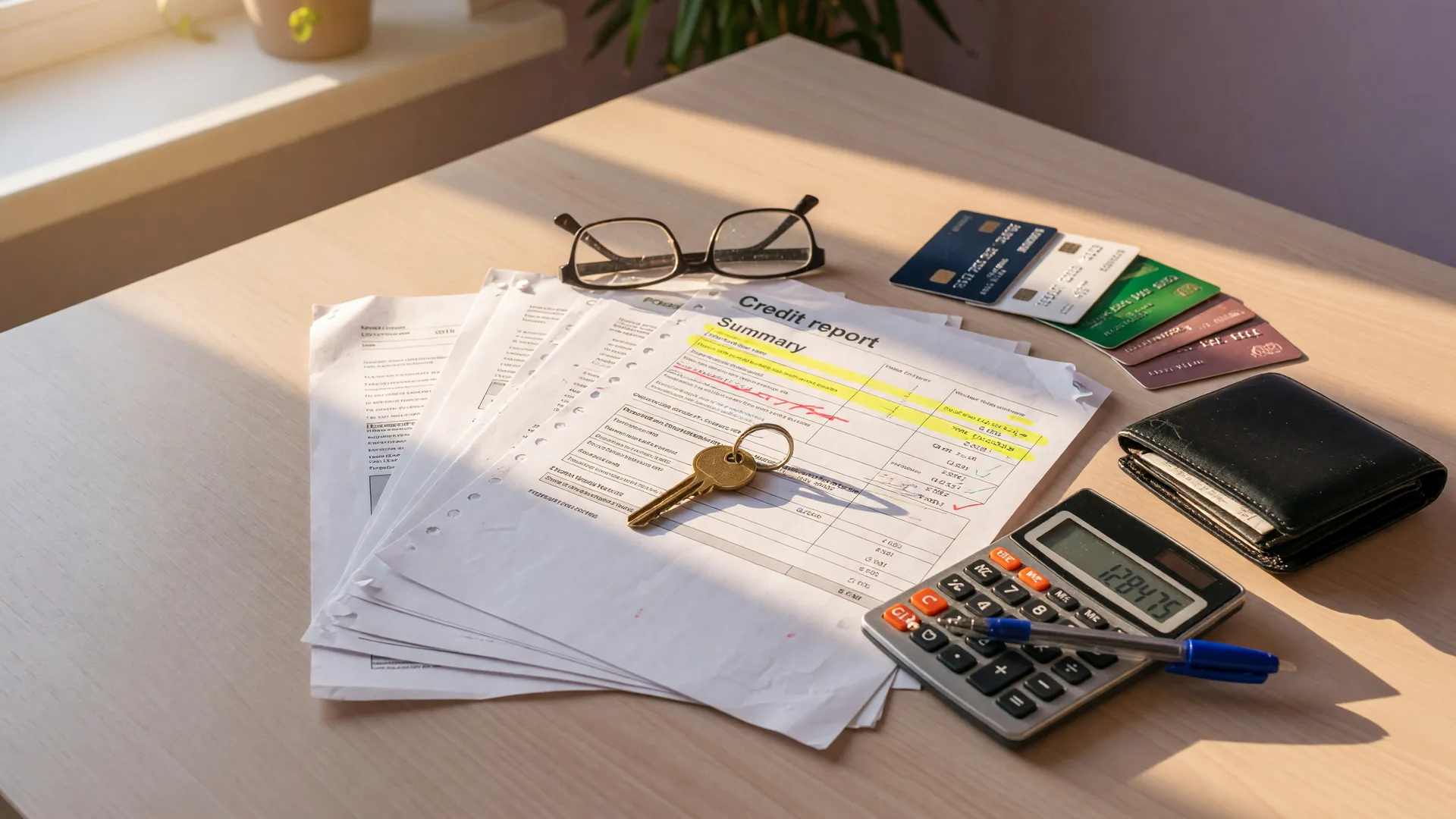 A first-time homebuyer's planning desk in warm morning light with a printed credit report showing a highlighted score summary, fanned credit cards beside a closed wallet, a calculator, a pen, reading glasses, and a brass house key