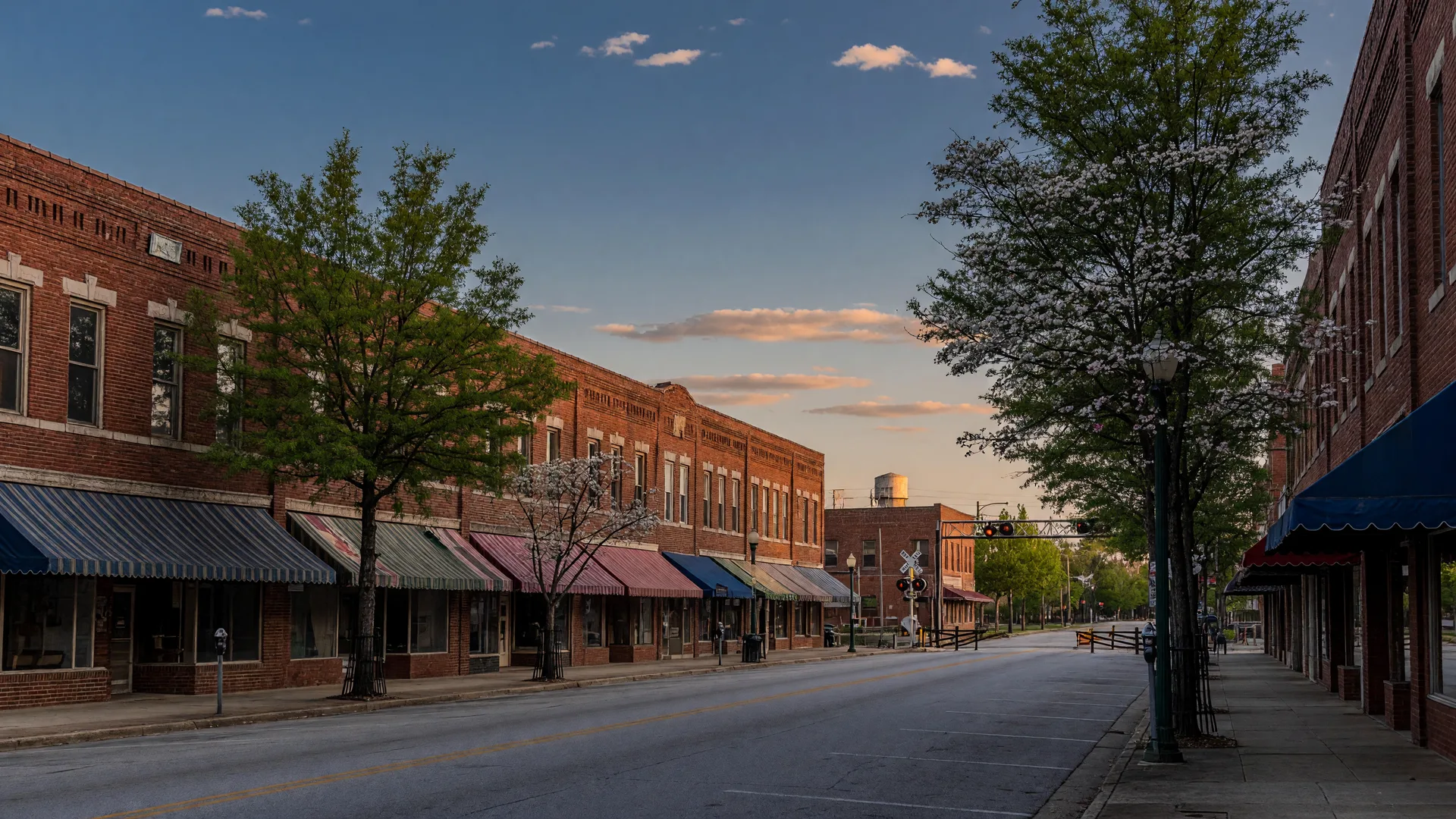 Historic downtown Jonesboro Georgia storefronts and tree-lined streets