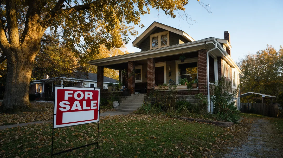 Classic brick bungalow in Southwest Missouri with a For Sale sign in the front yard on a warm autumn afternoon, representing the as-is home selling market