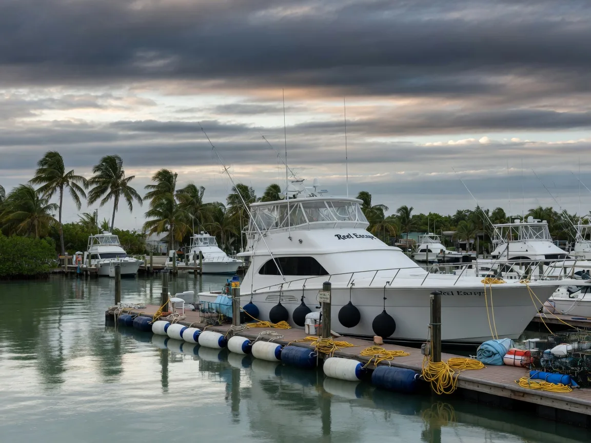 A sportfishing yacht secured in a Florida Keys marina with extra storm lines and fenders beneath a dramatic layered sky over calm protected harbor water