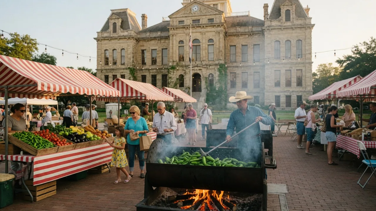 Outdoor community festival on a Texas downtown square with red-and-white striped market booths, a metal drum roasting Hatch green chiles with smoke rising, fresh produce displays, and a historic courthouse in the background under bright morning sun