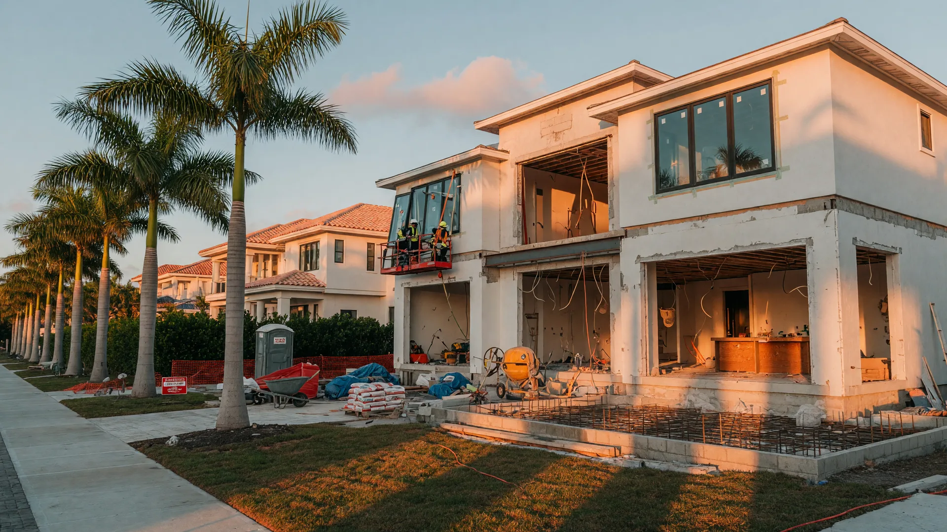 A modern two-story luxury home under construction in Naples at golden hour with impact windows being installed