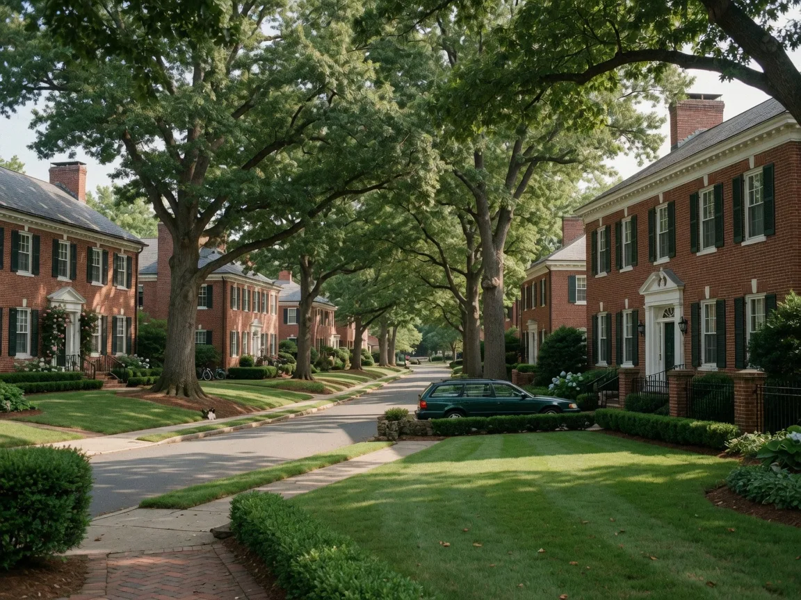 Tree-lined street in Eastover Charlotte NC 28207 with historic Georgian Revival homes, manicured lawns, and mature oak trees on a summer afternoon