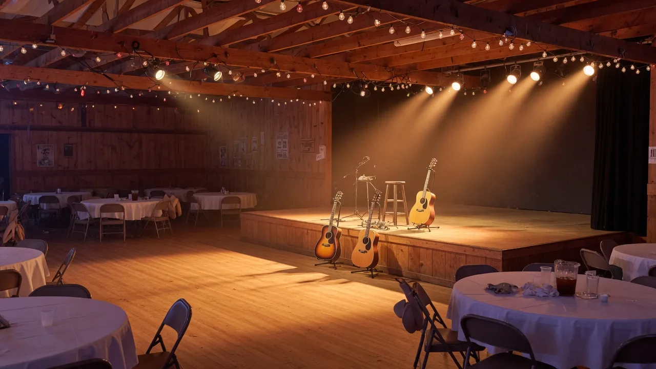 Warmly lit lodge ballroom stage with acoustic guitars on stands, string lights overhead, and polished wooden floor