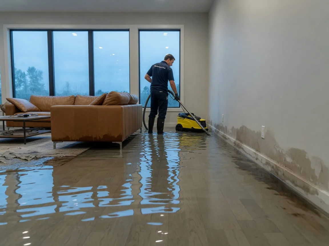 Restoration technician extracting standing water from a flooded modern home interior in Atlanta