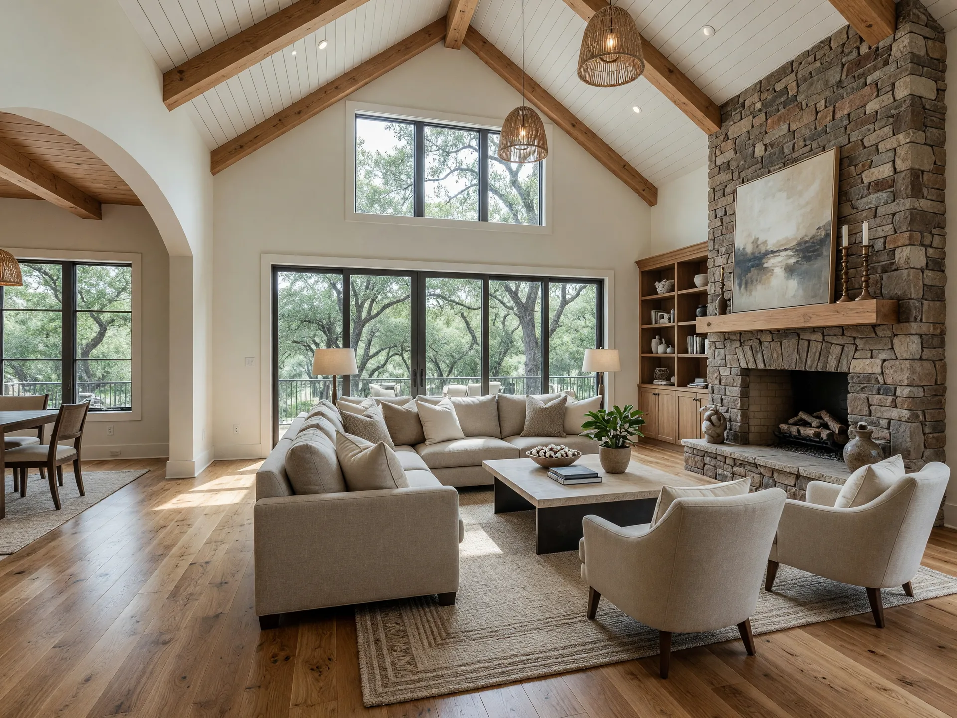 Luxury home interior with high vaulted ceilings, hardwood floors, large windows, and a stone fireplace
