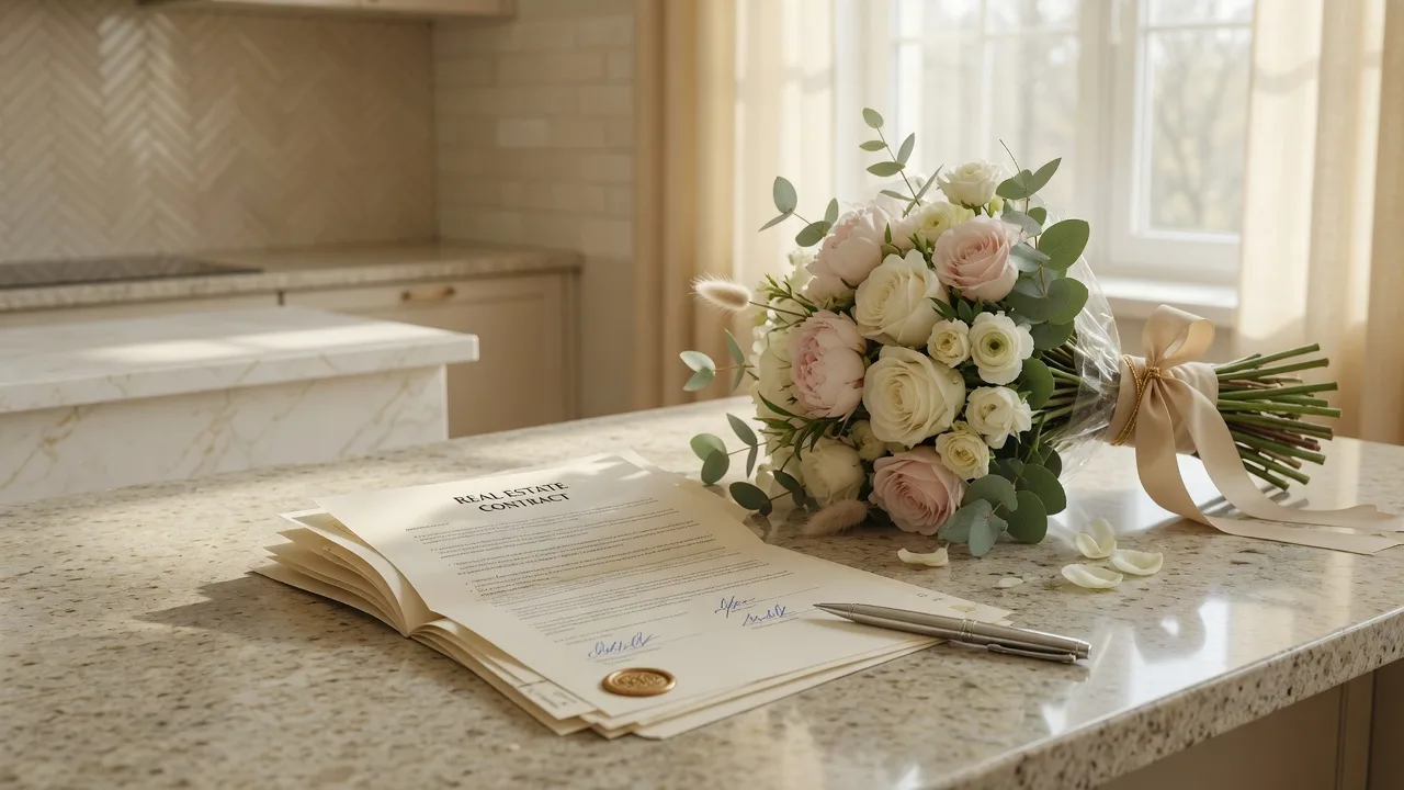 Signed real estate contract on a granite kitchen counter with a bouquet of flowers and a silver pen in warm natural light
