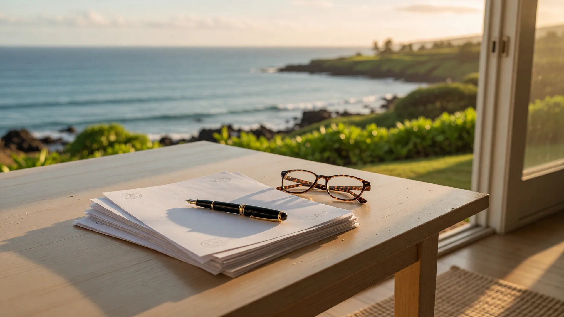 Escrow documents and a pen on a table beside an open lānai with the Hawaiʻi Island coast beyond