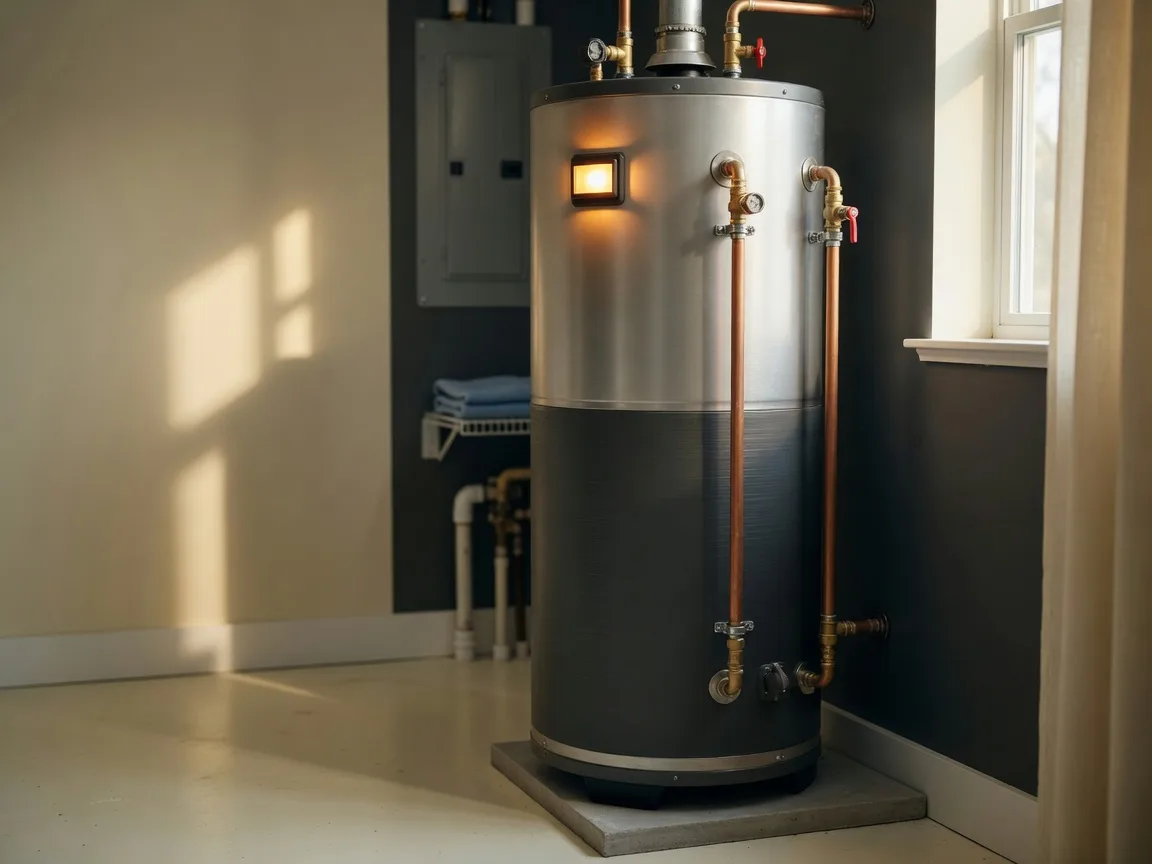 A modern tank water heater with tidy copper supply lines and a brass valve in a clean utility room