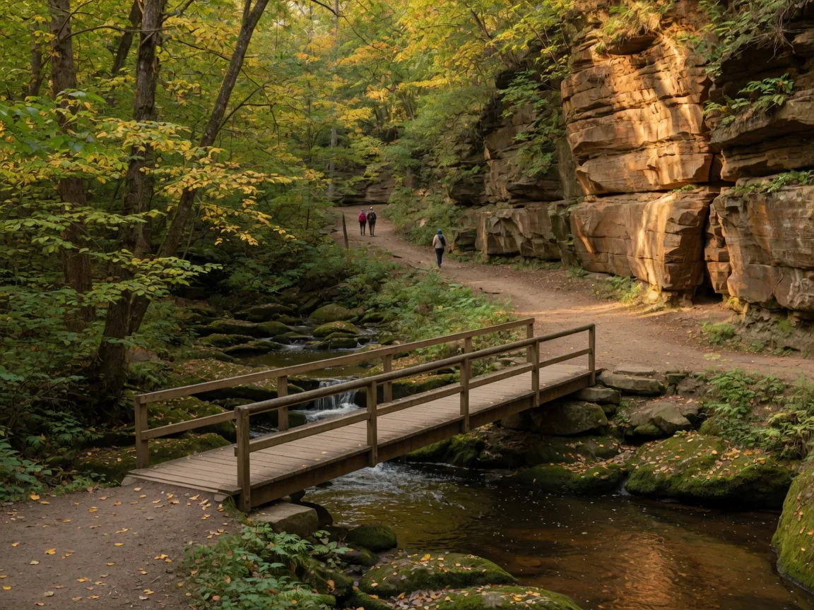 A wooden footbridge over the Chagrin River in South Chagrin Reservation with a forested gorge in early autumn