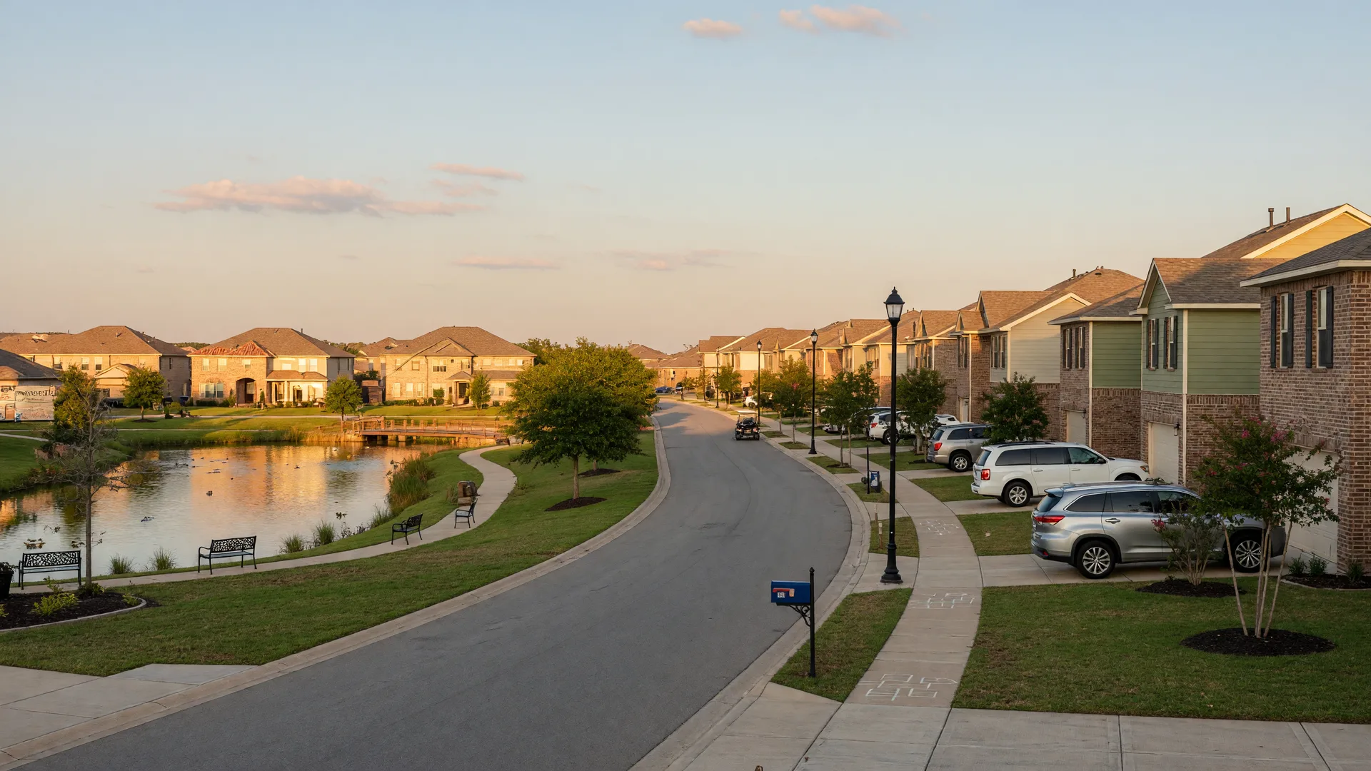 Golden-hour view of a quiet street in a Texas master-planned community, illustrative of Katy neighborhoods like Morton Ranch and Cinco Ranch