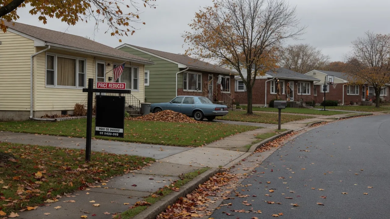 Quiet South Jersey street on an overcast autumn day with a For Sale sign