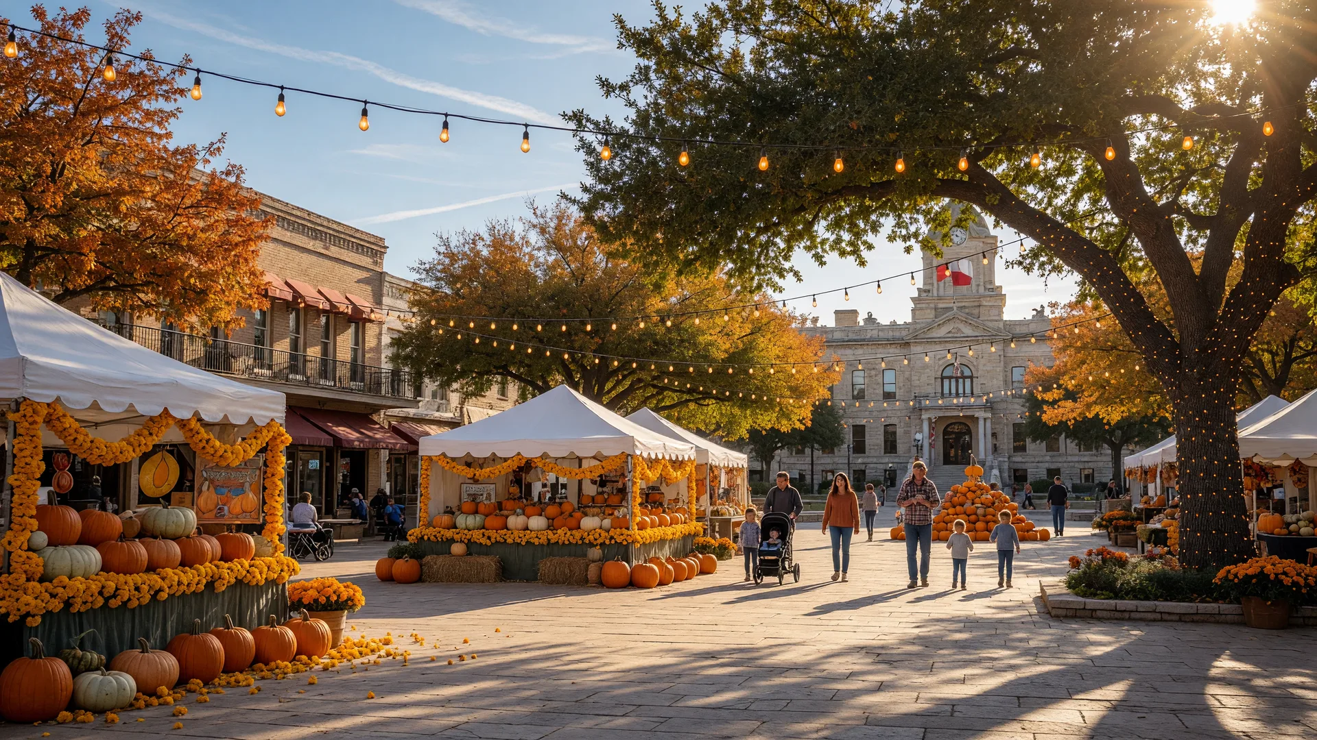 A Texas Hill Country Main Plaza dressed for a fall festival in warm October light, with string lights, white vendor canopies, pumpkins, and marigold garlands