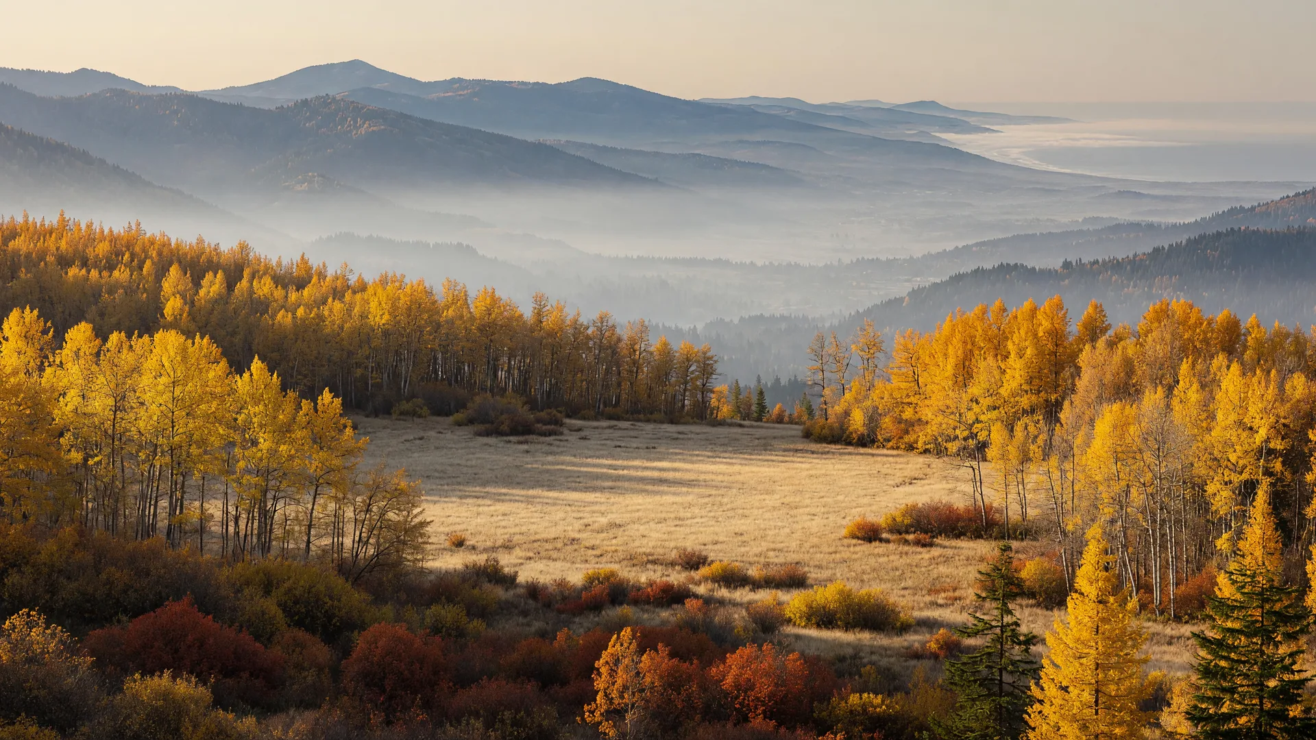 Golden aspen trees glowing on a mountainside above misty valleys, with hints of the Oregon Coast in the distance