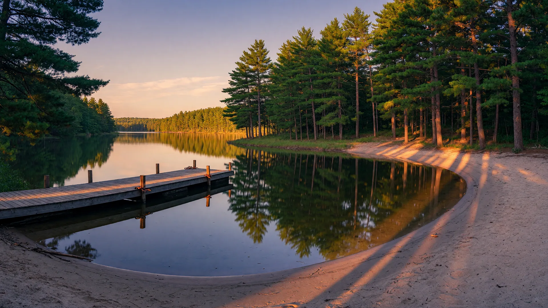 Pristine Minnesota lake shoreline at golden hour