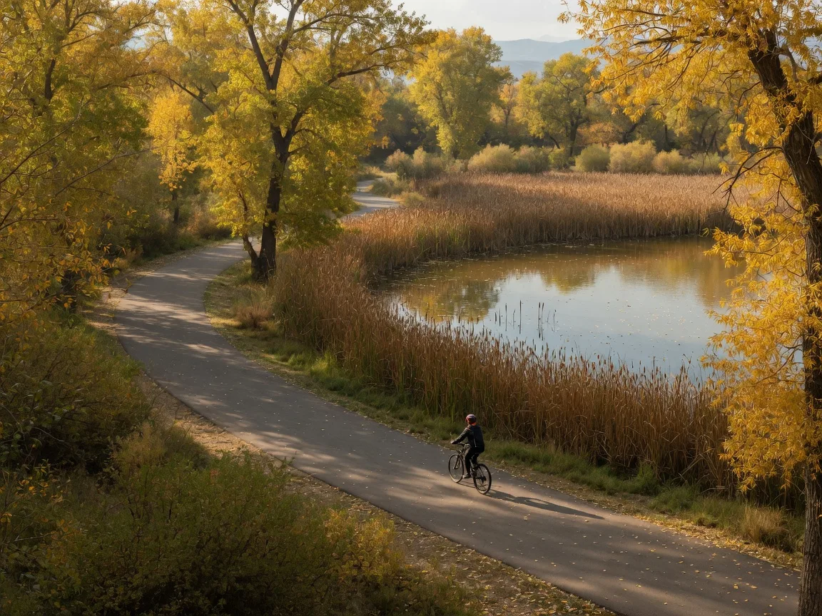 Autumn path along the Jordan River Parkway Trail in Riverton, Utah, with cottonwoods and willows in gold and amber and golden afternoon light filtering through the leaves