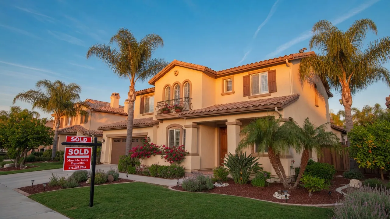 Beautiful Murrieta home with sold sign at golden hour
