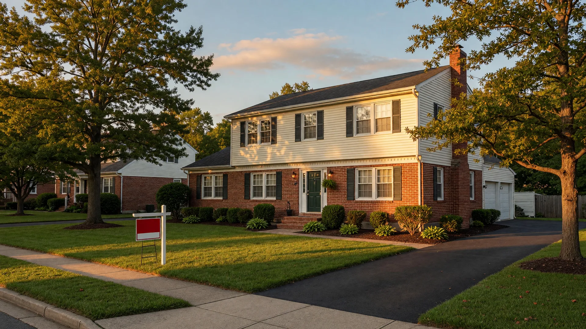 Suburban Virginia home at golden hour with a For Sale sign, short sale investing guide for Fredericksburg VA investors