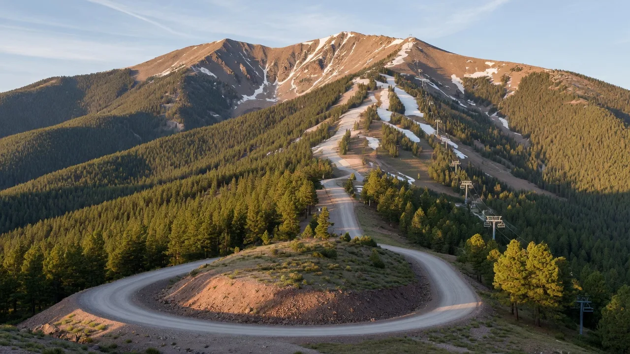 Arizona Snowbowl ski area on the San Francisco Peaks with a ski lift line running up the forested mountain