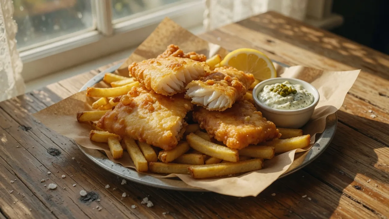 Crispy golden-brown fish and chips on a wooden table with lemon and tartar sauce