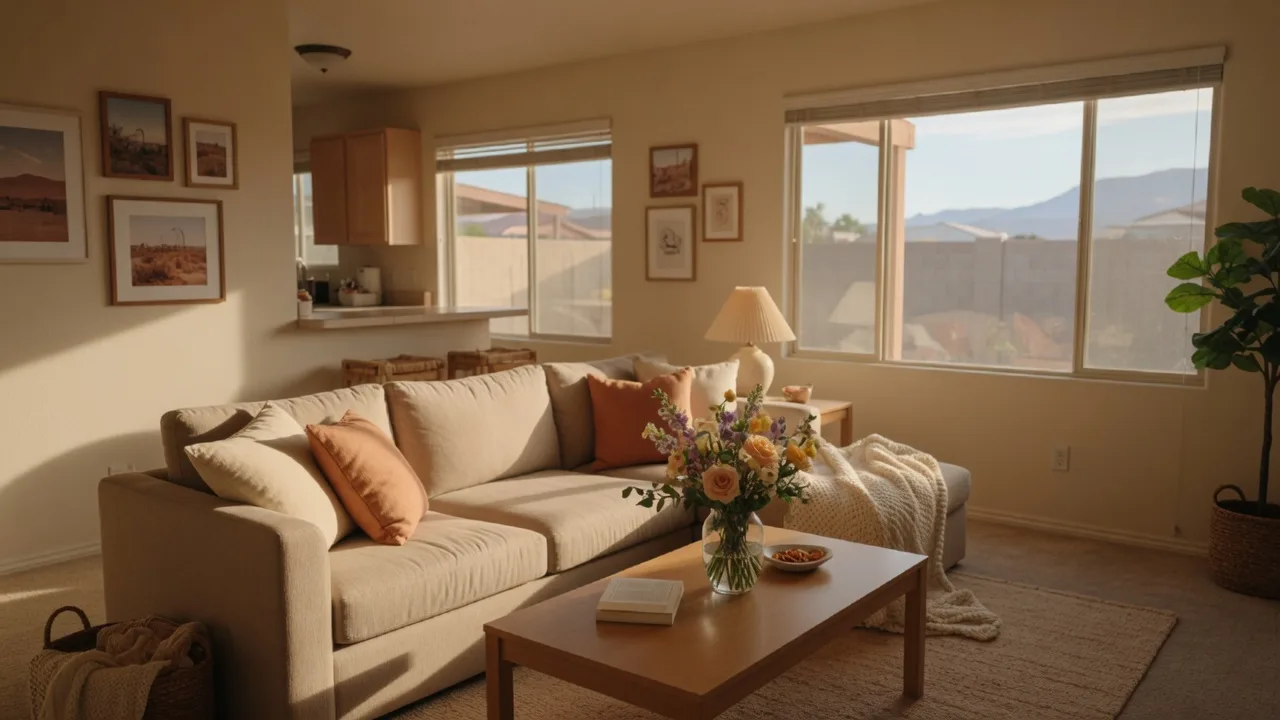 Warm and inviting living room in a Henderson home, welcoming seniors and their families