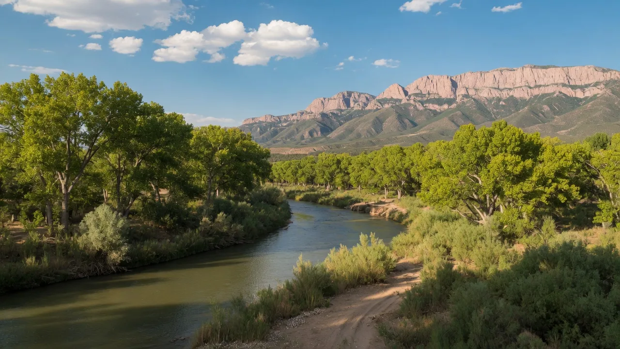 Rio Grande bosque and Sandia Mountains in Albuquerque