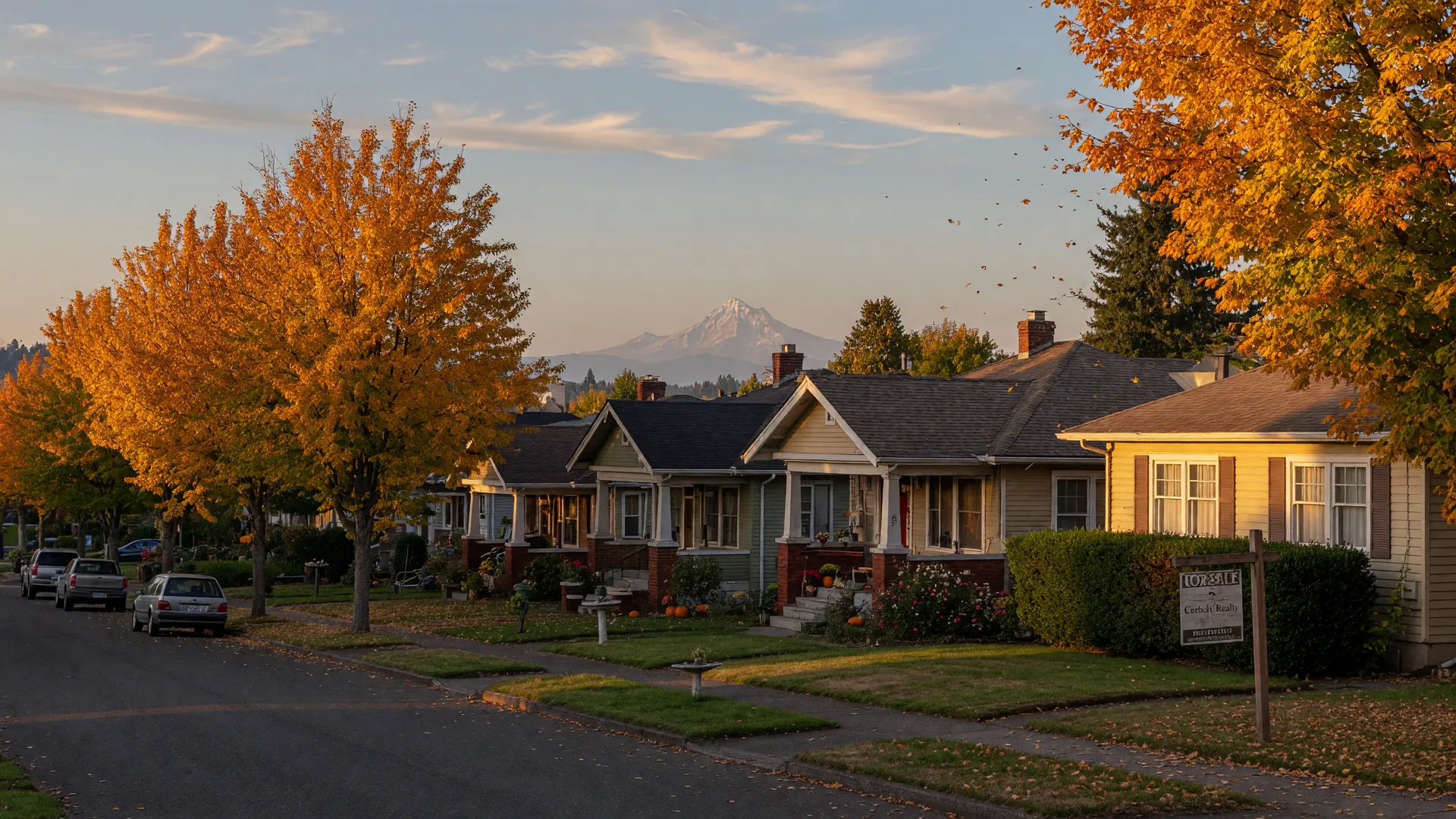 A Portland-area residential street in early October at golden hour, maples turning gold and orange, a for-sale sign in a tidy front yard, Mount Hood on the horizon