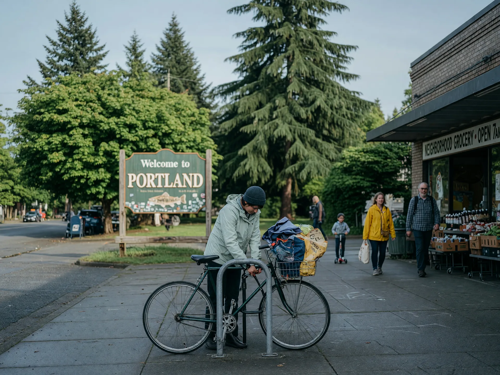 A person locking their bike outside a neighbourhood grocery store with shopping bags visible