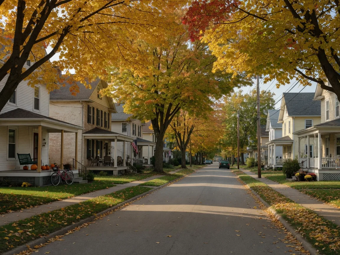 A tree-lined residential street with historic homes in a Peoria neighborhood