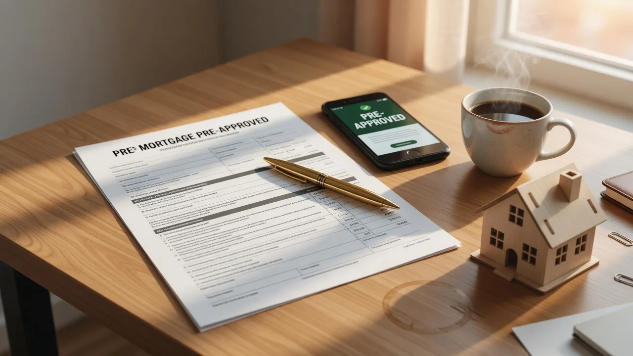 Pre-approval letter on a desk with a smartphone, coffee cup, and miniature house model