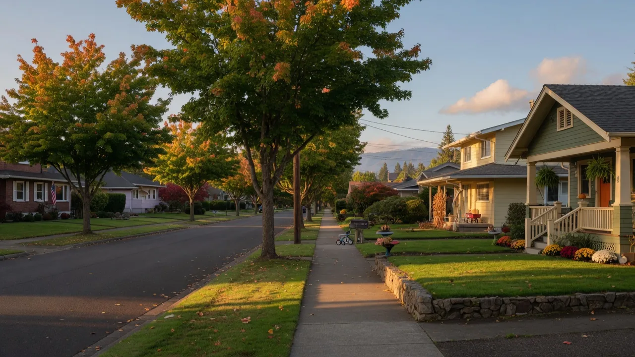 A golden-hour Beaverton street lined with mature maples and well-kept homes