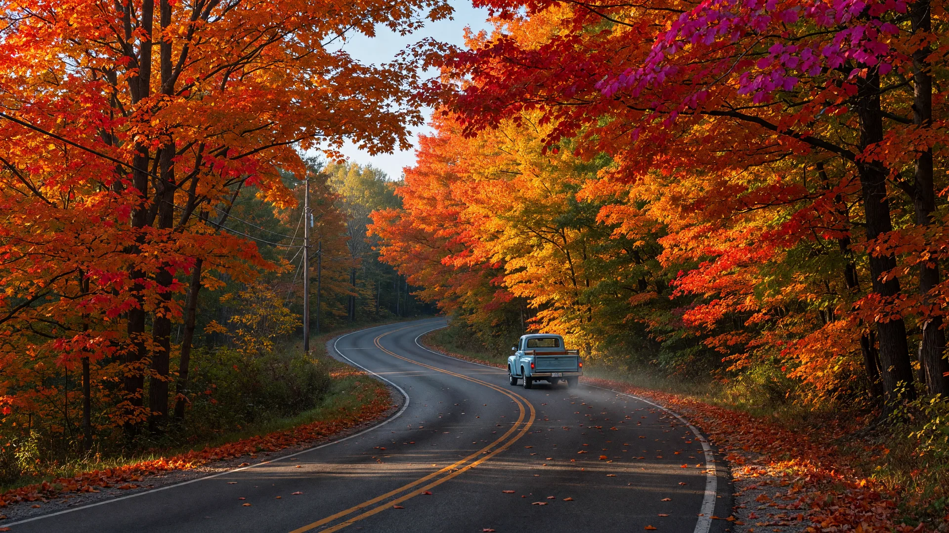 Two-lane Michigan road winding through brilliant red, orange, and gold fall foliage with a vintage truck in the distance