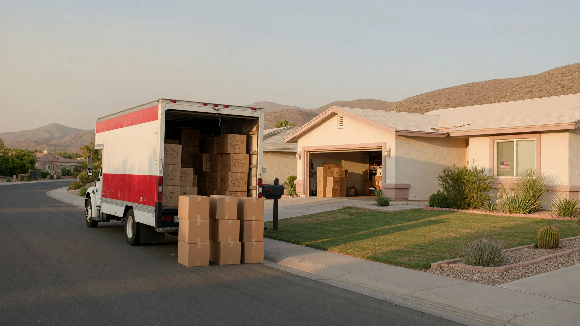 A moving truck parked on a quiet suburban Nevada street in front of a single-story home on a golden afternoon, with boxes by the garage.