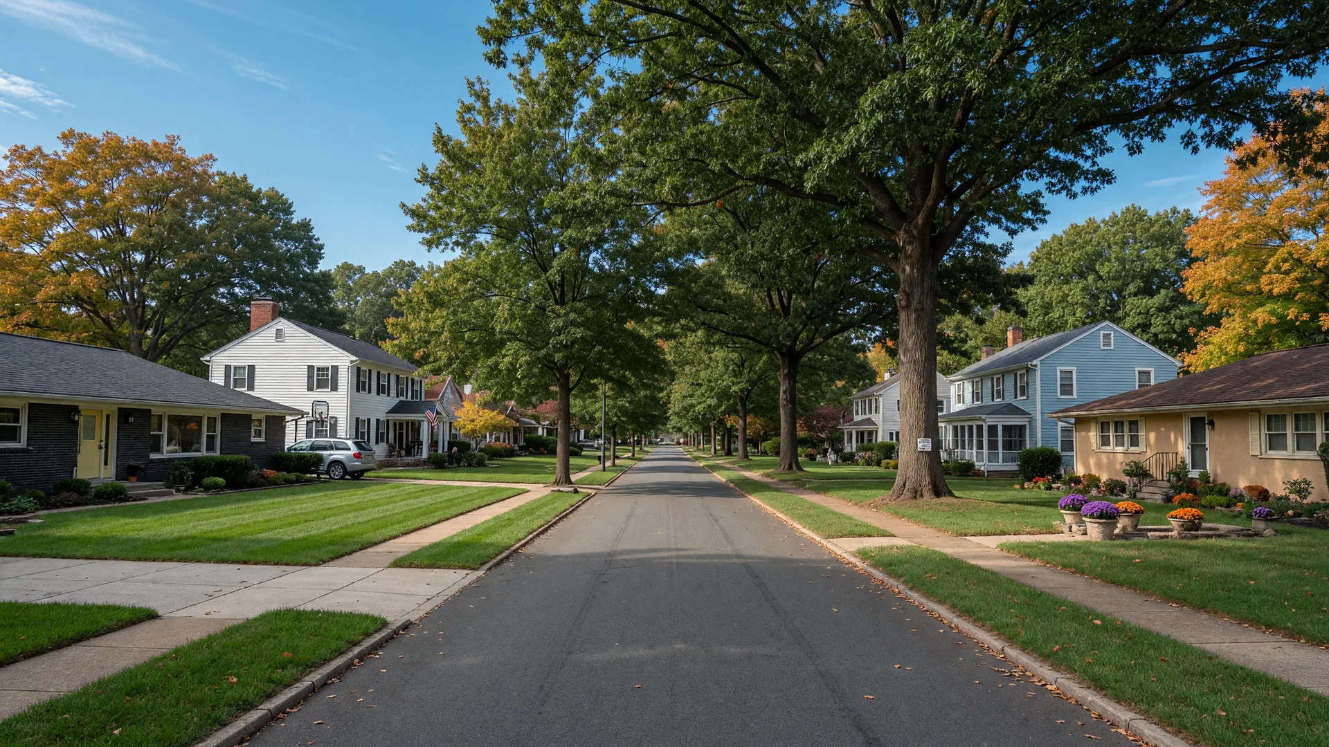 A tree-lined single-family home street in a Silver Spring neighborhood on a bright day