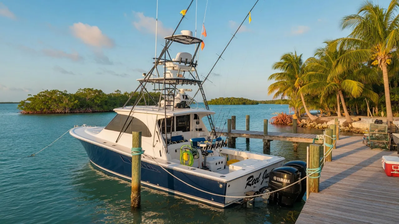 A sportfishing charter boat with tuna tower and outriggers moored at a tropical dock in the Florida Keys on a bright summer morning