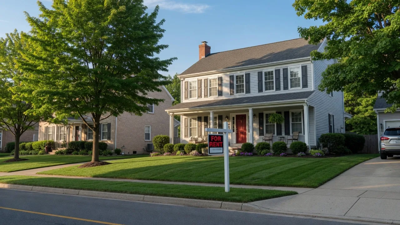 Single-family rental home with FOR RENT sign in a sunny suburban neighborhood