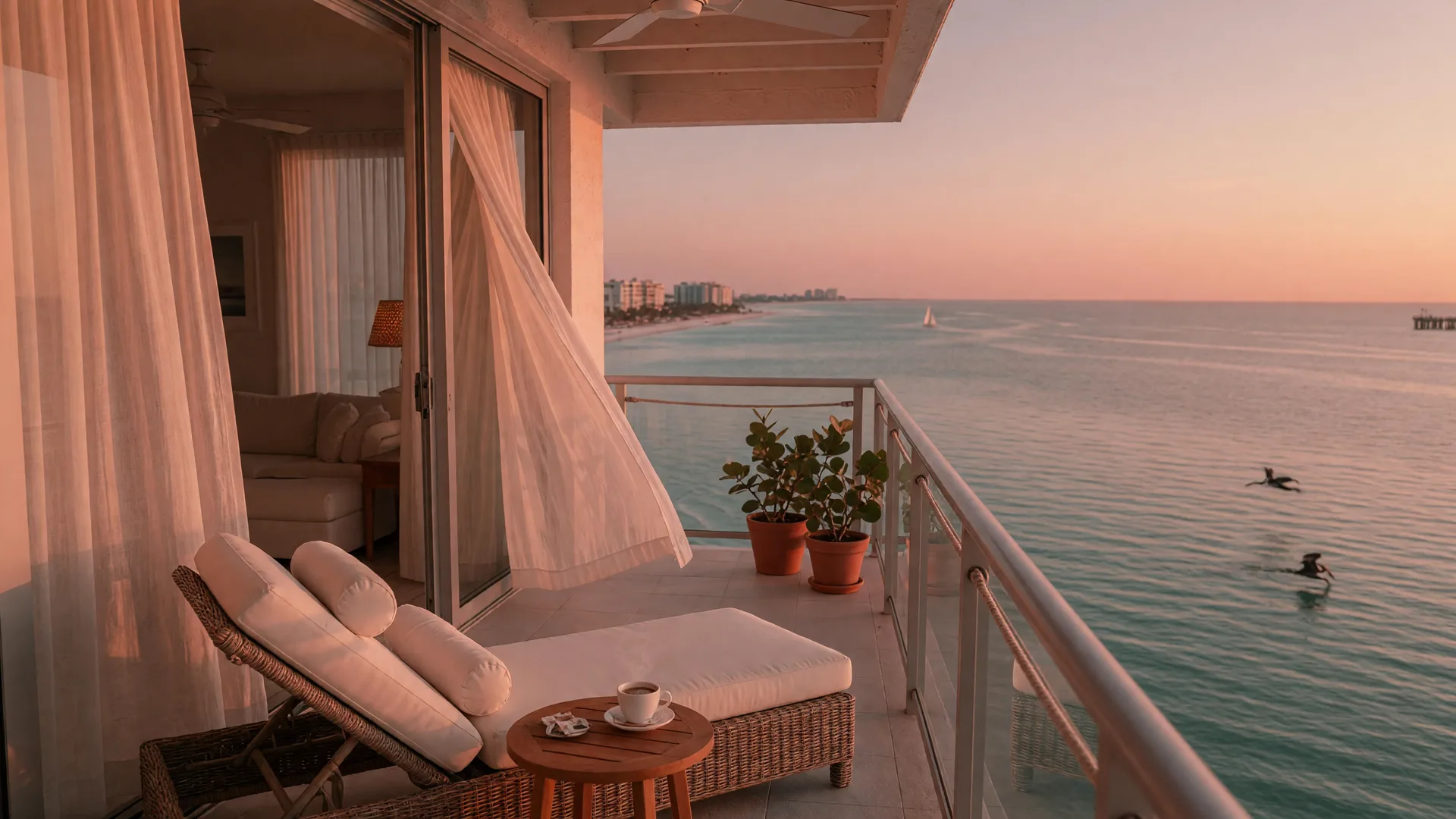 A peaceful condo balcony overlooking the Gulf of Mexico at golden hour in Sarasota, Florida, with a lounge chair and soft billowing curtains
