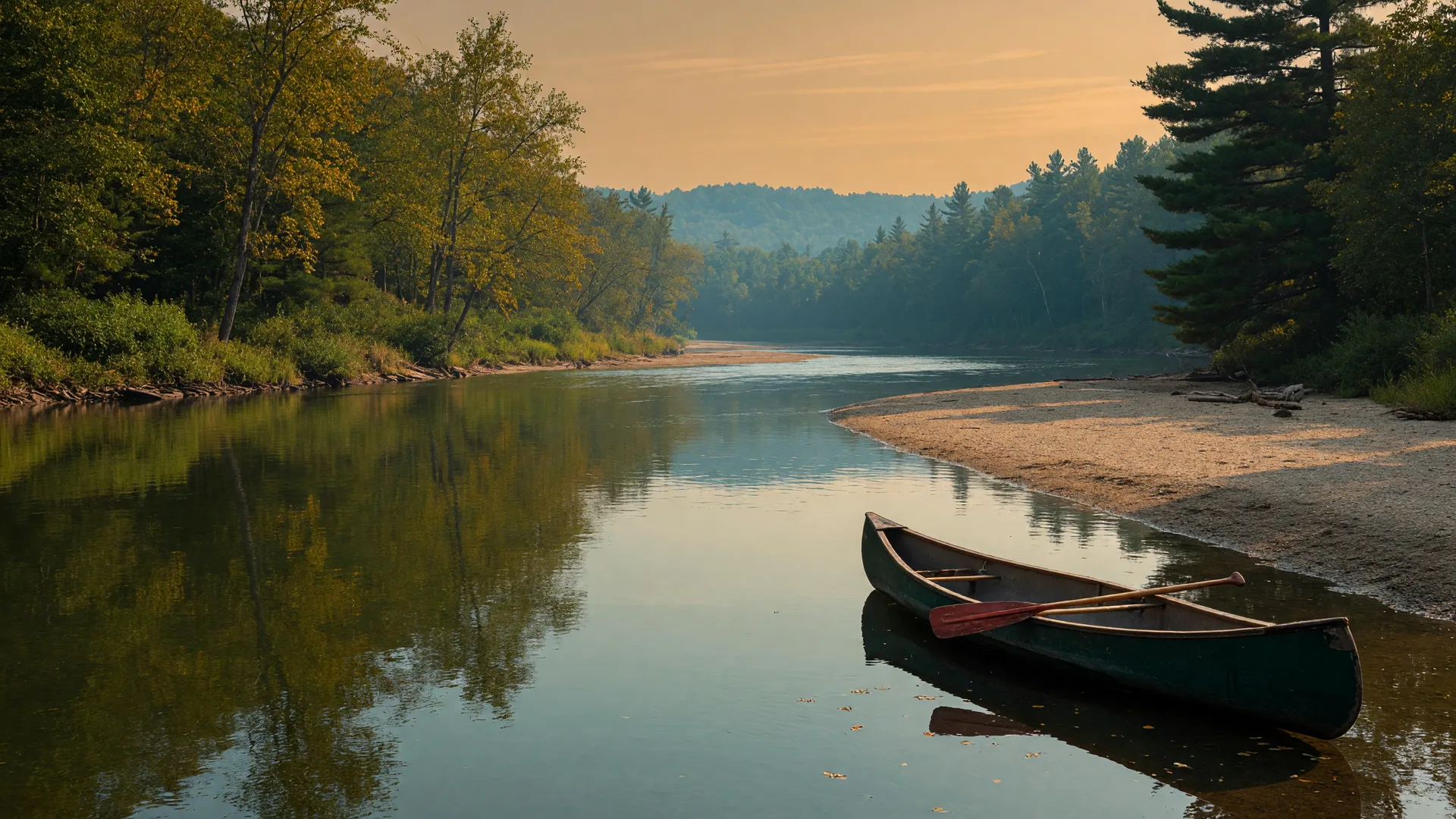 Slow-moving river with forested banks near Pillager, Minnesota