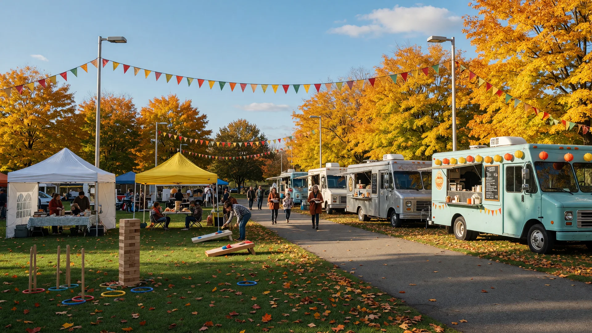 Autumn community day at a town center park with food trucks along a paved path, activity tents and lawn games on the green, and bunting strung between light poles