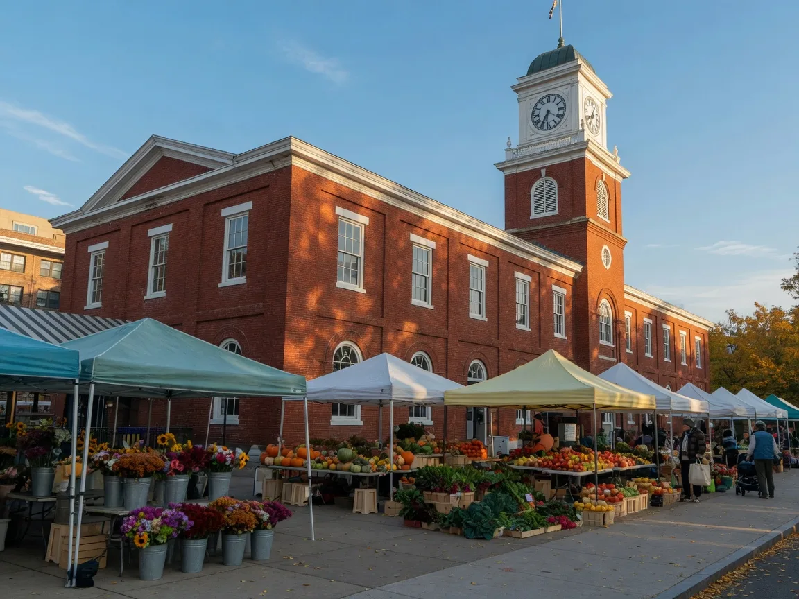 The historic Eastern Market South Hall at 225 7th Street SE in Washington DC on a bright October Saturday, weekend farmers market stalls with flowers and produce along the plaza, and the market's red brick clock tower against a blue sky