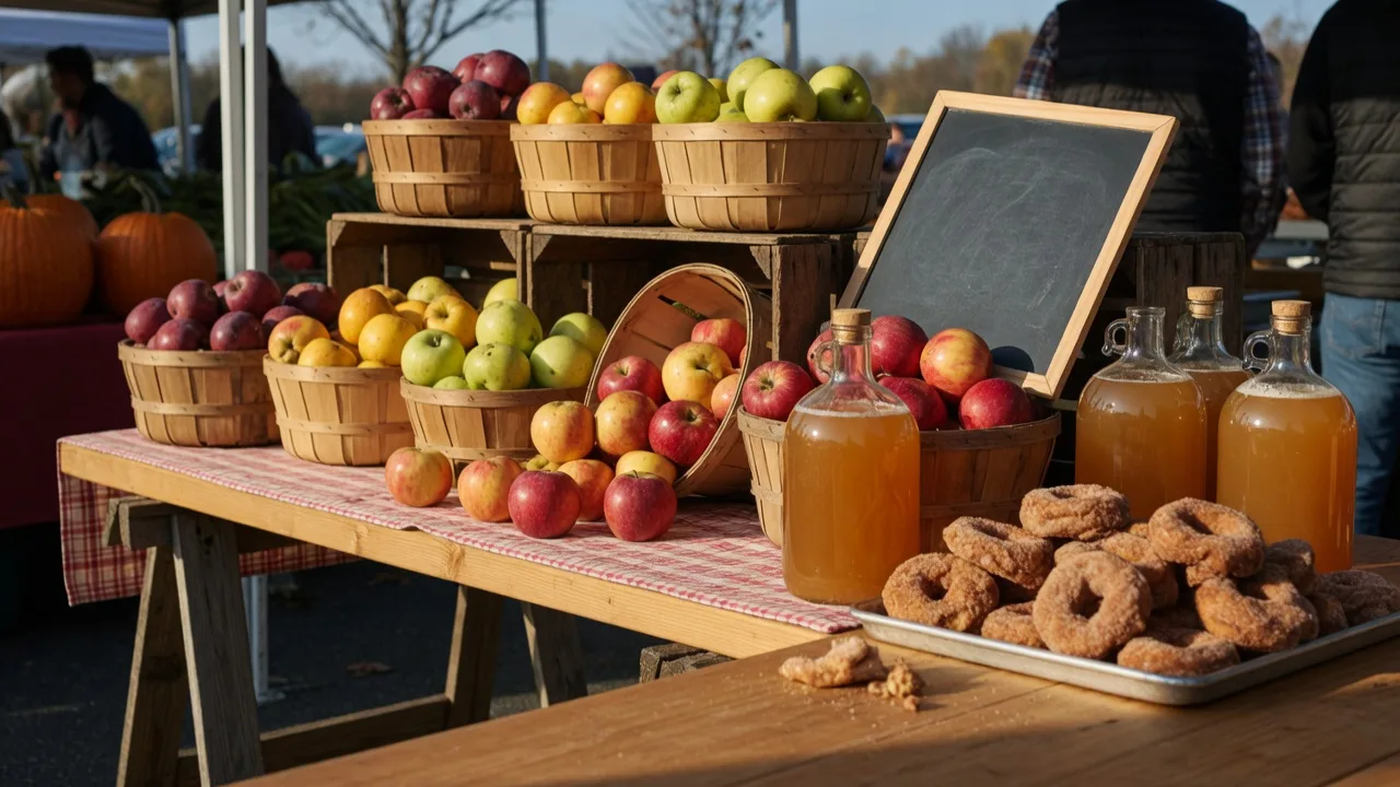 An apple harvest stall at an open-air Pennsylvania farmers market in October, crates of heirloom apples, glass jugs of cider, and a tray of cider donuts in warm morning light