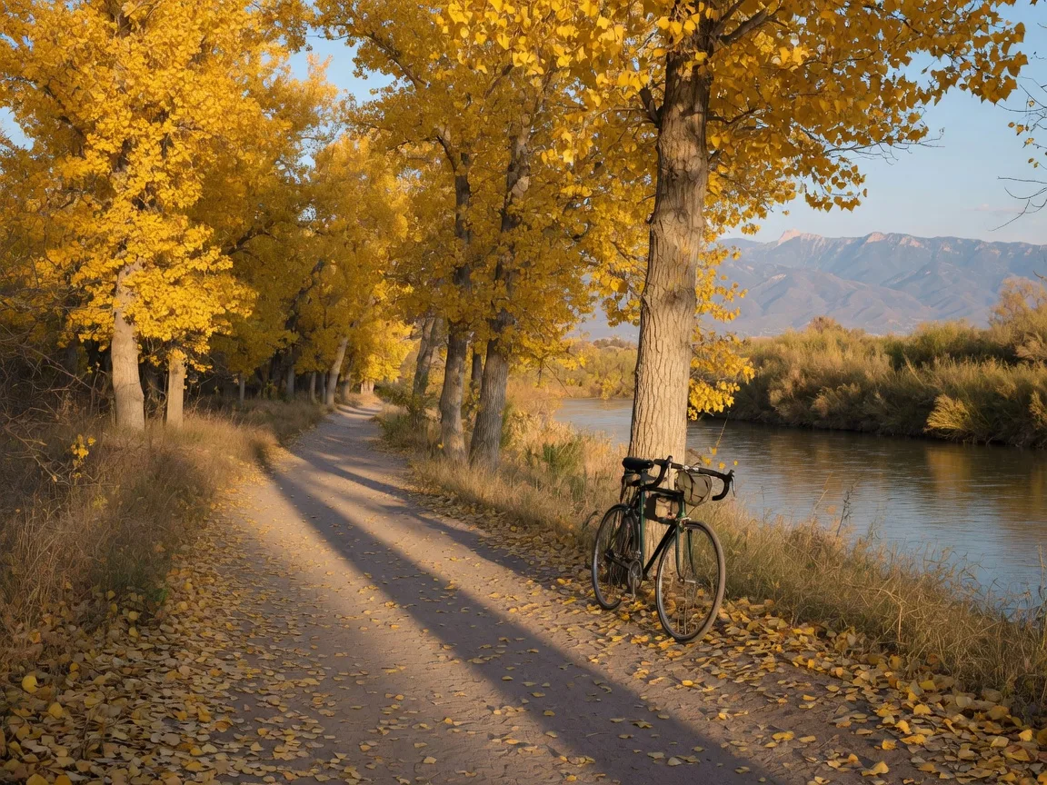 Golden cottonwood trees along the Rio Grande bosque in Albuquerque, with the Sandia Mountains on the horizon