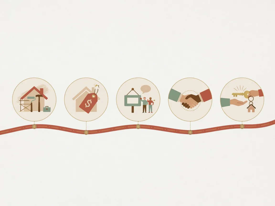 Home-selling timeline graphic -- preparation, listing, marketing, negotiation, and closing stages.