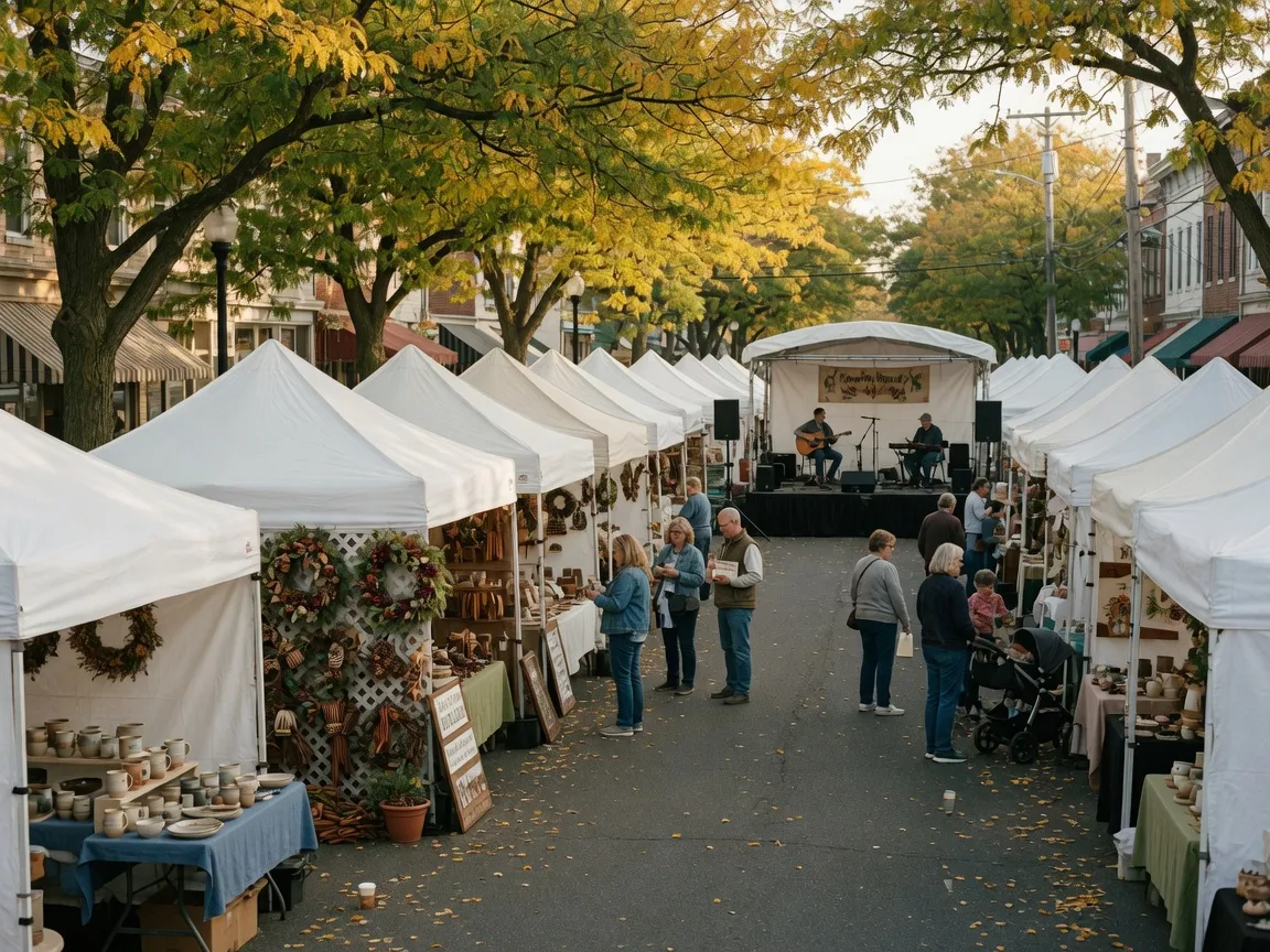 Rows of white craft vendor tents and a small live music stage along a tree-lined small-town main street on a late-September morning