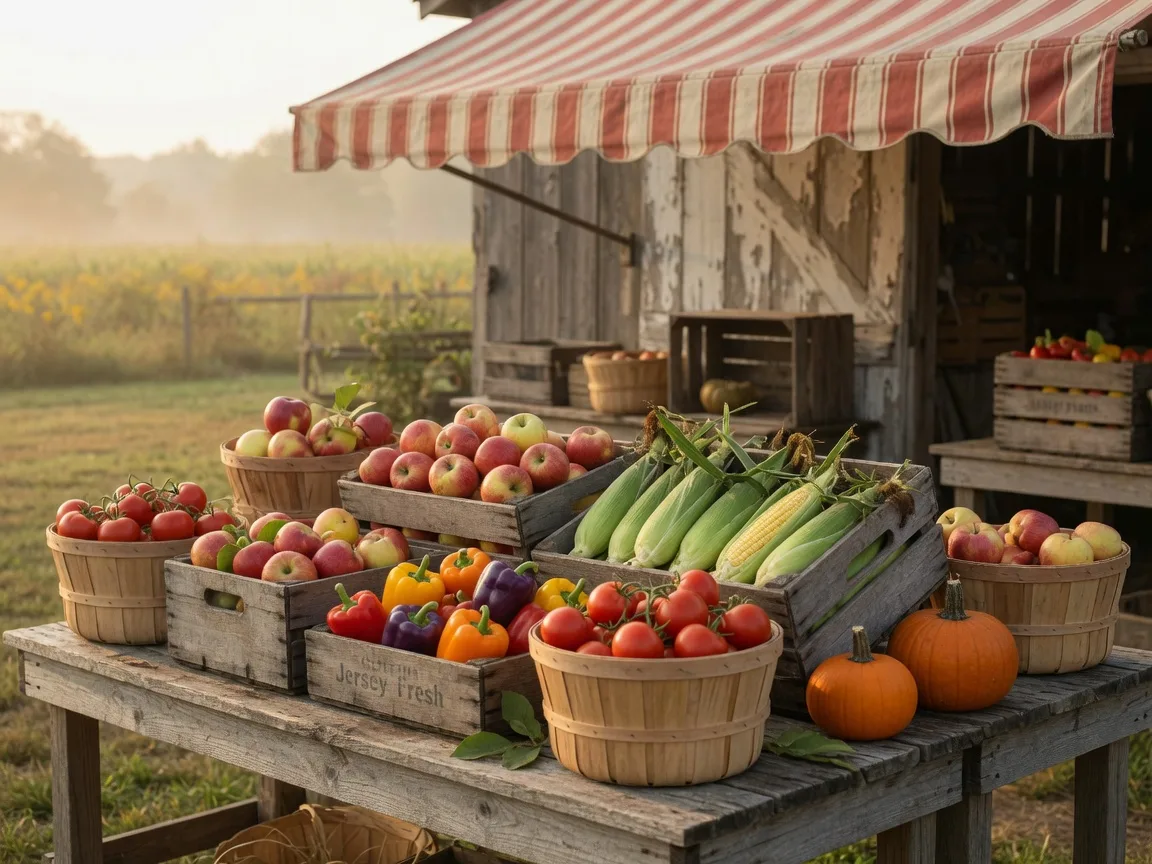 Wooden crates of Jersey Fresh tomatoes, corn, peppers, apples, and pumpkins at a South Jersey farm stand in late September