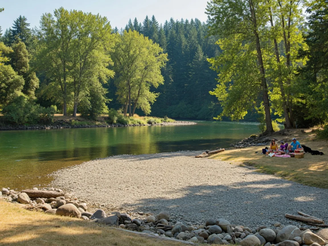 A calm stretch of the Clackamas River at Riverside Park with a gravel bar, cottonwood and evergreen banks, and warm summer light