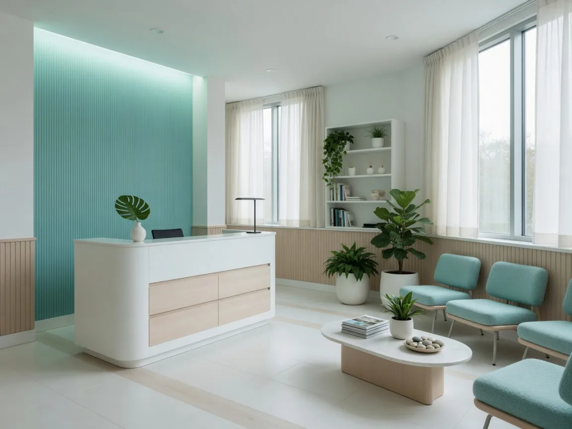 Bright reception and waiting area at ChiroPrime Orlando with turquoise chairs and a teal accent wall