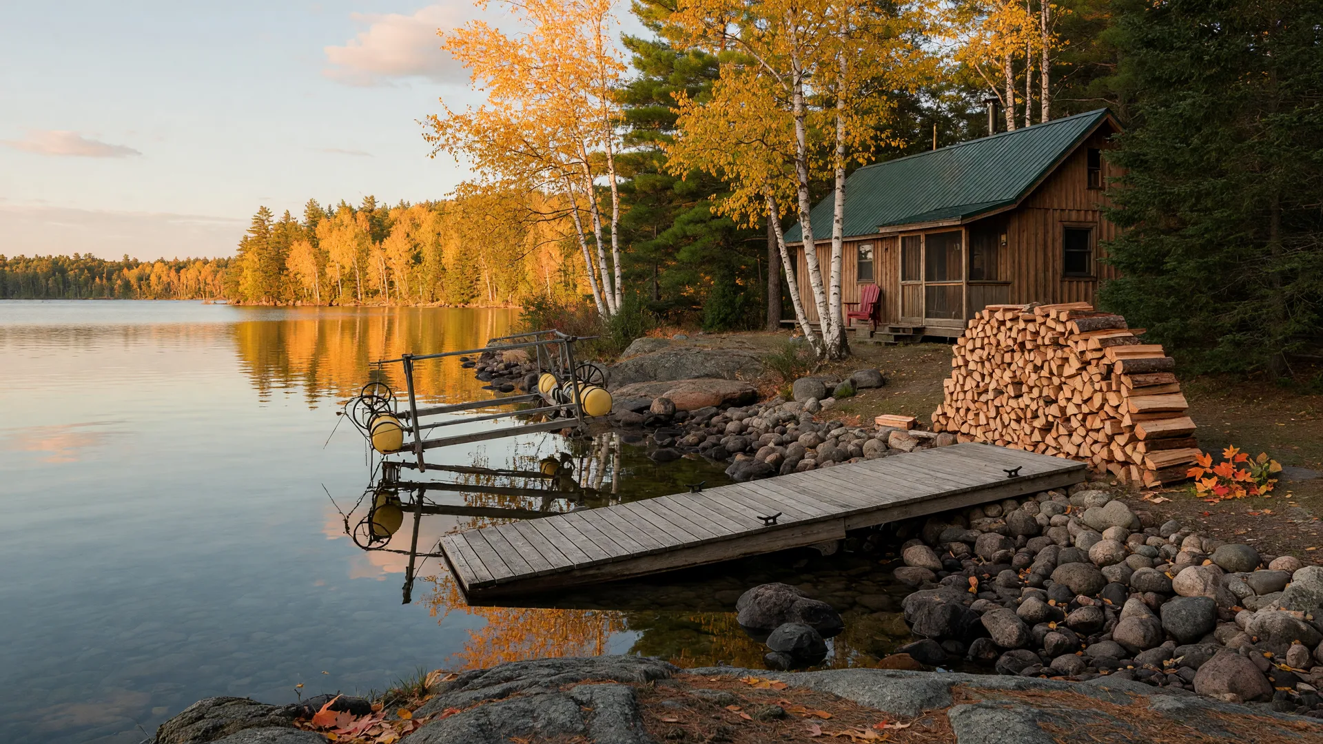 A Minnesota lake cabin in early fall with a wooden dock and boat lift being pulled from the water and a stack of firewood by the house