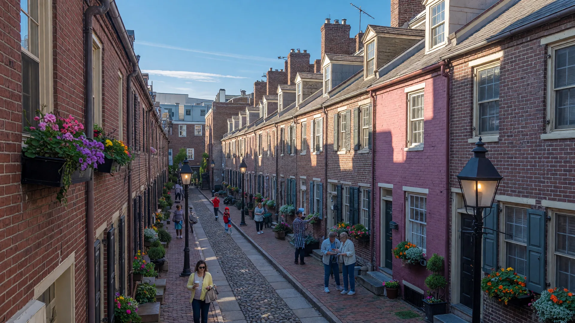 Elfreth's Alley historic cobblestone street with brick rowhomes in Old City