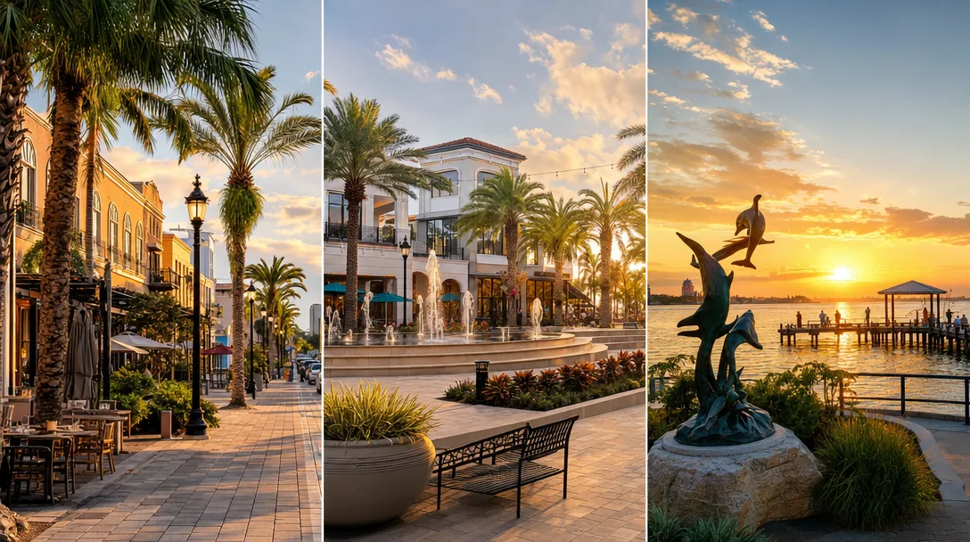 Three vibrant downtown districts in Southwest Florida at golden hour — Sarasota's Main Street, Lakewood Ranch's plaza, and Bradenton's Riverwalk